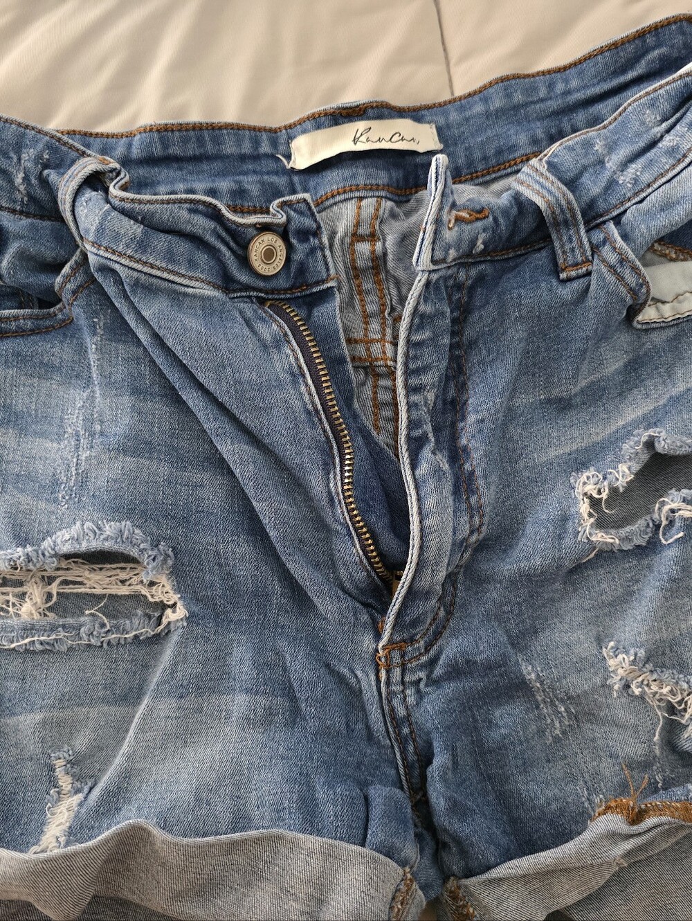 Kancan Light Blue Distressed Rolled-Hem Denim Shorts
